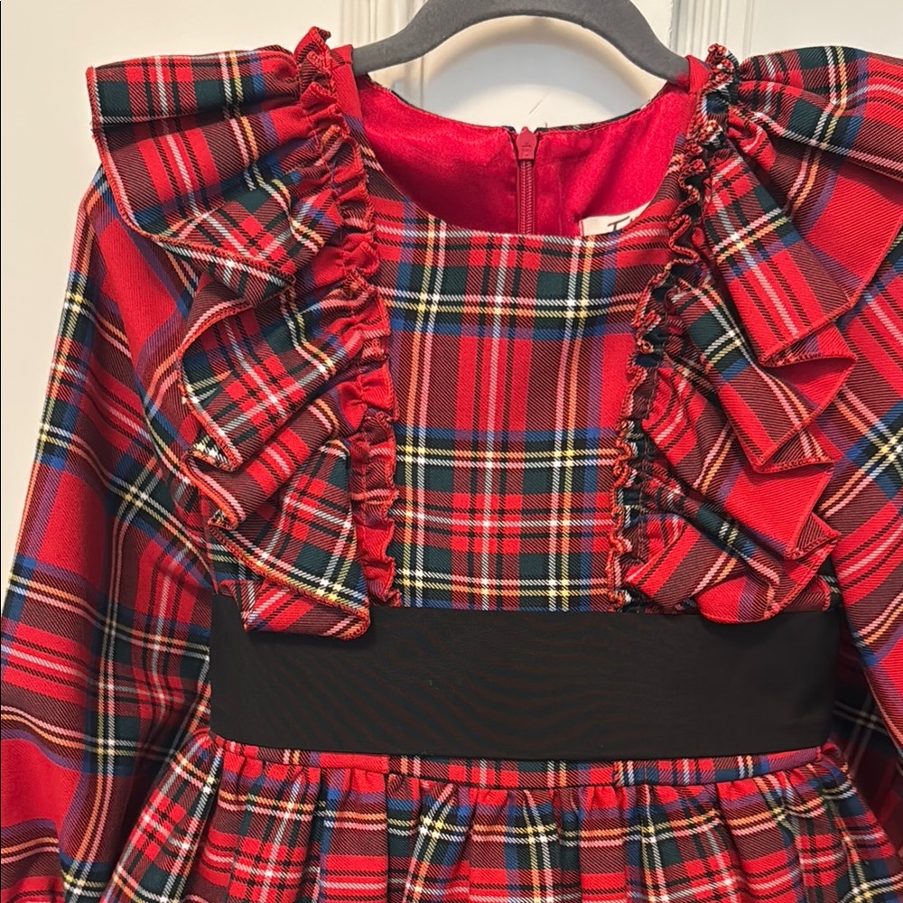 Tulleen Red Plaid Ruffle Dress with Black Satin Bow